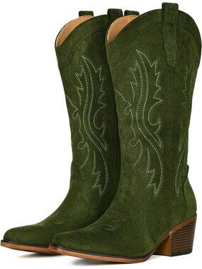 Women's Green Mid Calf Snip Toe Western Cowgirl Faux Leather Heeled Boots